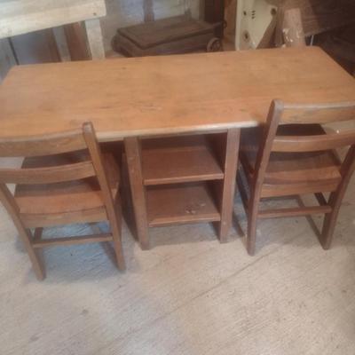 Vintage Maple Solid Wood Double Knee Hole Child's Library Table with Oak Chairs