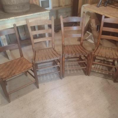Set of Four Vintage Shaker Style Wood Slat and Rush Seat Sitting Chairs