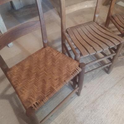 Set of Four Vintage Shaker Style Wood Slat and Rush Seat Sitting Chairs