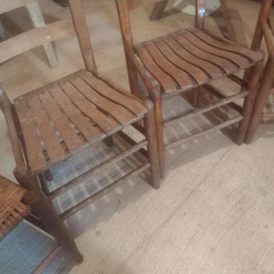 Set of Four Vintage Shaker Style Wood Slat and Rush Seat Sitting Chairs
