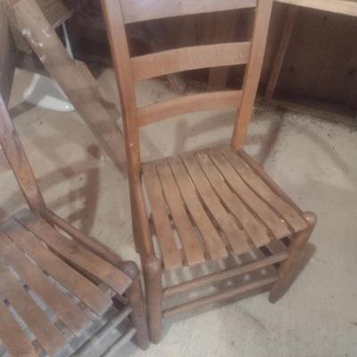 Set of Four Vintage Shaker Style Wood Slat and Rush Seat Sitting Chairs