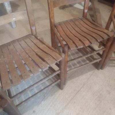 Set of Four Vintage Shaker Style Wood Slat and Rush Seat Sitting Chairs