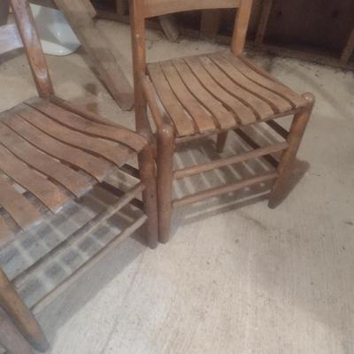 Set of Four Vintage Shaker Style Wood Slat and Rush Seat Sitting Chairs