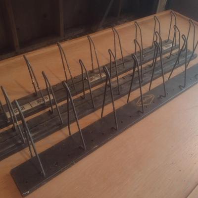 Set of Three Tire Shop Advertising Wall Mount Display Racks Good Year and Dayton Wire Hook Wood Backer