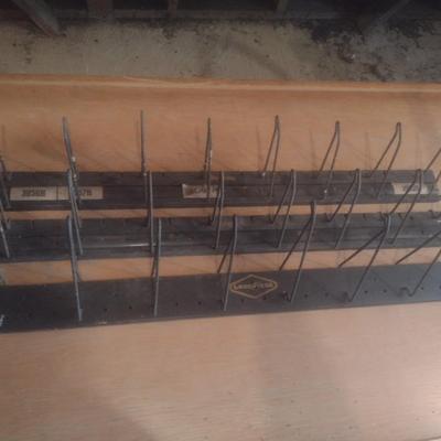 Set of Three Tire Shop Advertising Wall Mount Display Racks Good Year and Dayton Wire Hook Wood Backer