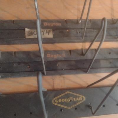 Set of Three Tire Shop Advertising Wall Mount Display Racks Good Year and Dayton Wire Hook Wood Backer