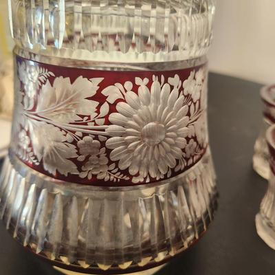 Vintage Decanter w 9 Shot Liquor Glasses Czechoslovakia Crystal