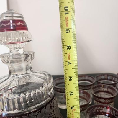 Vintage Decanter w 9 Shot Liquor Glasses Czechoslovakia Crystal