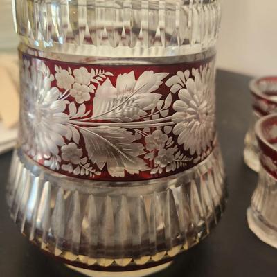 Vintage Decanter w 9 Shot Liquor Glasses Czechoslovakia Crystal