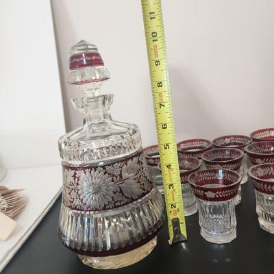 Vintage Decanter w 9 Shot Liquor Glasses Czechoslovakia Crystal