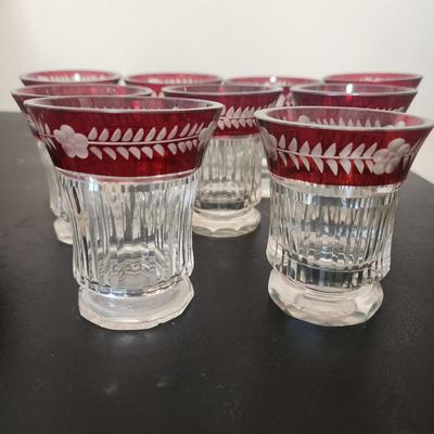 Vintage Decanter w 9 Shot Liquor Glasses Czechoslovakia Crystal