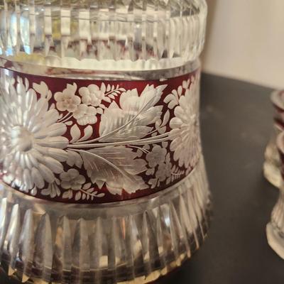Vintage Decanter w 9 Shot Liquor Glasses Czechoslovakia Crystal