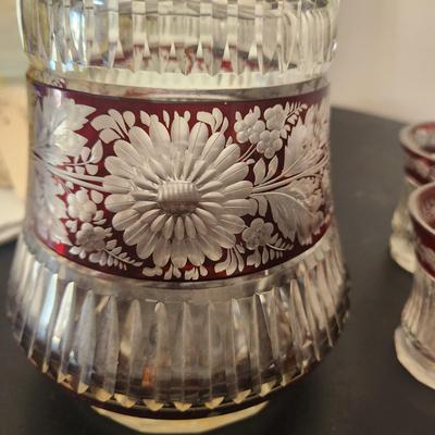 Vintage Decanter w 9 Shot Liquor Glasses Czechoslovakia Crystal