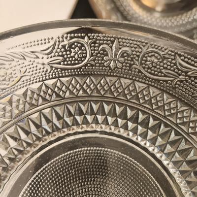Clear Glass Fleur De Lis Plates and Bowl