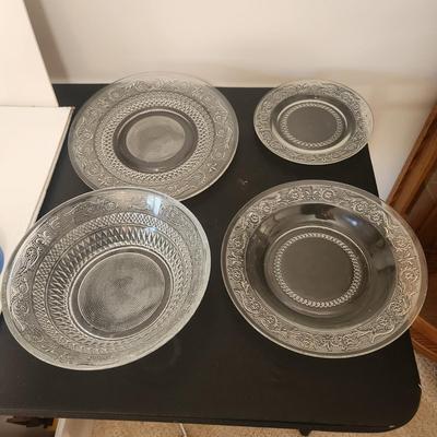Clear Glass Fleur De Lis Plates and Bowl