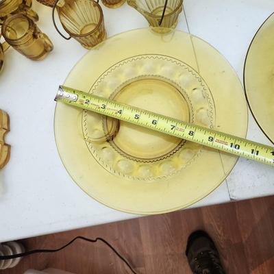 Lot of Amber Glassware Depression Glass Lunch Plates , Cups, Cake Plate,