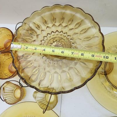 Lot of Amber Glassware Depression Glass Lunch Plates , Cups, Cake Plate,