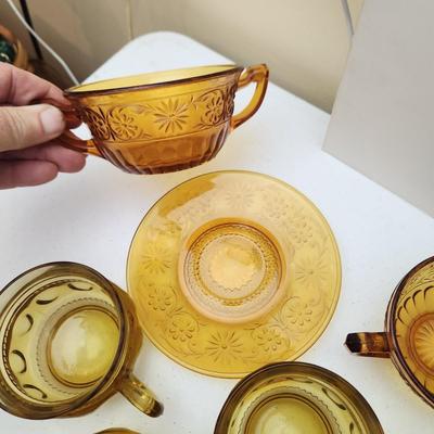 Lot of Amber Glassware Depression Glass Lunch Plates , Cups, Cake Plate,