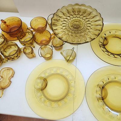 Lot of Amber Glassware Depression Glass Lunch Plates , Cups, Cake Plate,