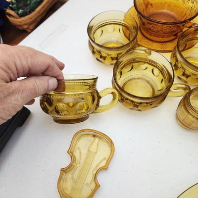 Lot of Amber Glassware Depression Glass Lunch Plates , Cups, Cake Plate,