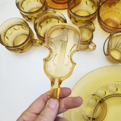 Lot of Amber Glassware Depression Glass Lunch Plates , Cups, Cake Plate,