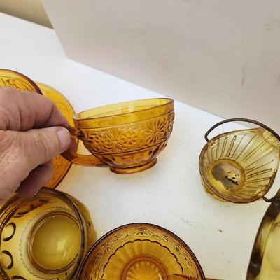 Lot of Amber Glassware Depression Glass Lunch Plates , Cups, Cake Plate,