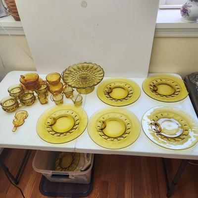 Lot of Amber Glassware Depression Glass Lunch Plates , Cups, Cake Plate,