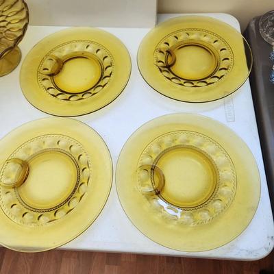 Lot of Amber Glassware Depression Glass Lunch Plates , Cups, Cake Plate,
