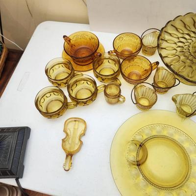 Lot of Amber Glassware Depression Glass Lunch Plates , Cups, Cake Plate,