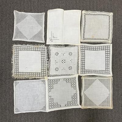 Lot of 9 Antique White Square Cotton Linen Textile Home Decor Art Deco Handmade 1800's- early 1900's