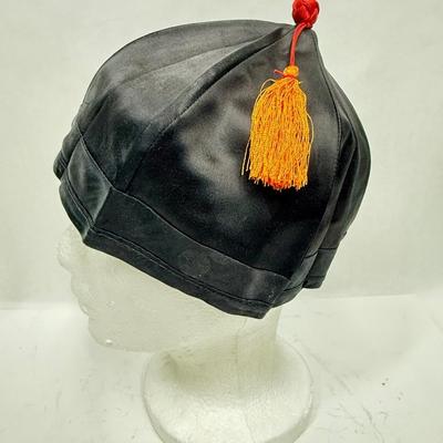 Vintage Traditional Japanese Black Hat with Gold Tassel 100% Rayon Made in Japan