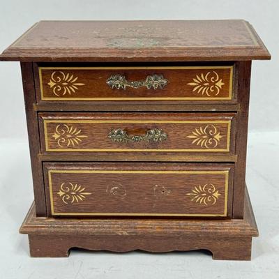 Vintage Jewelry Box - wooden chest of 3 drawers with one handle missing Made in Japan