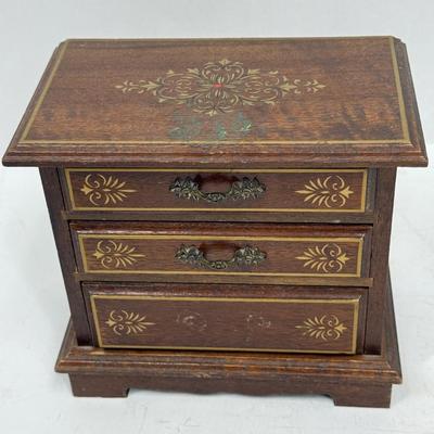 Vintage Jewelry Box - wooden chest of 3 drawers with one handle missing Made in Japan