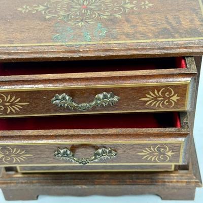 Vintage Jewelry Box - wooden chest of 3 drawers with one handle missing Made in Japan