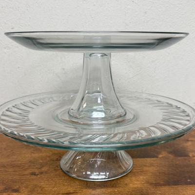 Lot of 2 Clear Glass Cake Plate Serving Dish Pedestal Dish 12" & 10"