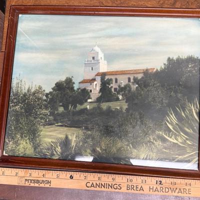 Junipero Serra Museum Presidio Hill San Diego painting unknown artist original? in mahogany frame 12" x 15"