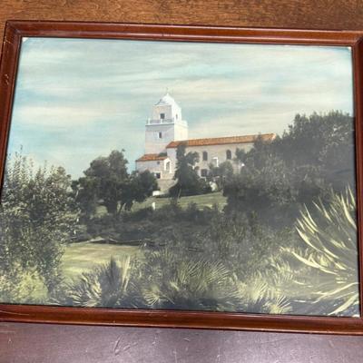 Junipero Serra Museum Presidio Hill San Diego painting unknown artist original? in mahogany frame 12" x 15"
