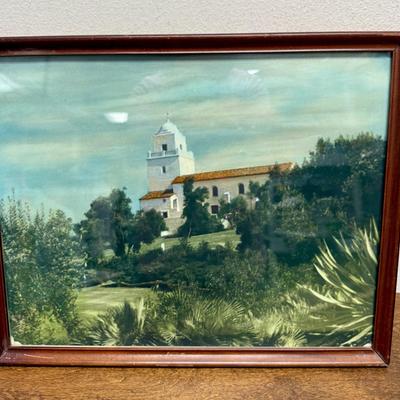 Junipero Serra Museum Presidio Hill San Diego painting unknown artist original? in mahogany frame 12" x 15"