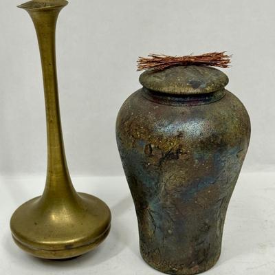 Decor Lot - Glazed Ceramic Lidded Jar & Brass Vase