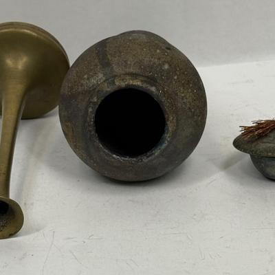 Decor Lot - Glazed Ceramic Lidded Jar & Brass Vase