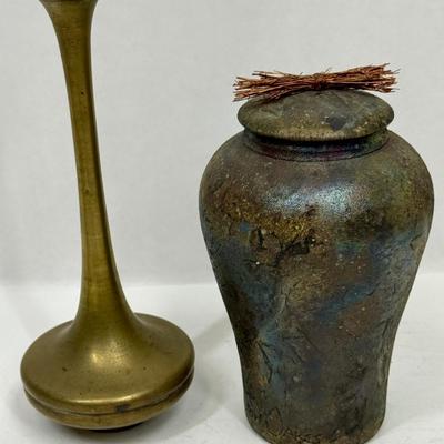 Decor Lot - Glazed Ceramic Lidded Jar & Brass Vase