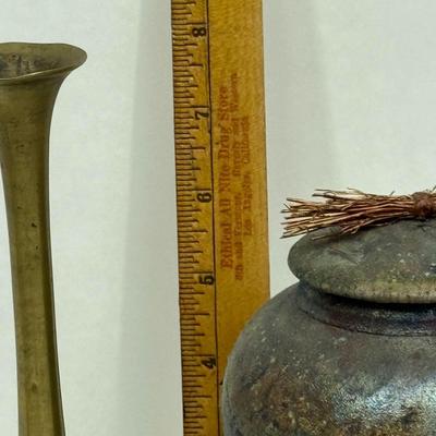 Decor Lot - Glazed Ceramic Lidded Jar & Brass Vase