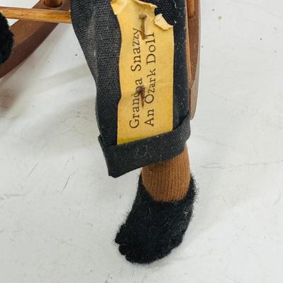 Vintage Folk Art Grandpa Snazzy Ozark Pioneer Doll sitting in wooden rocker walnut head