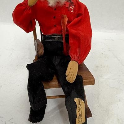 Vintage Folk Art Grandpa Snazzy Ozark Pioneer Doll sitting in wooden rocker walnut head