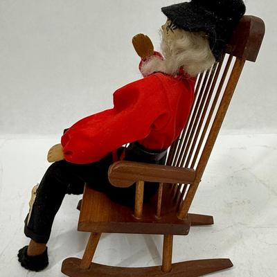 Vintage Folk Art Grandpa Snazzy Ozark Pioneer Doll sitting in wooden rocker walnut head
