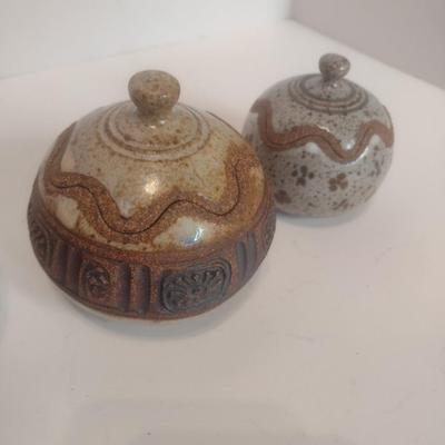 Set of Three Studio Art Pottery Covered Dishes Signed by Artist