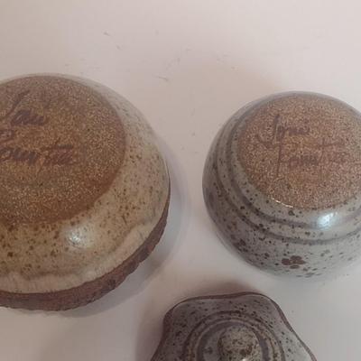 Set of Three Studio Art Pottery Covered Dishes Signed by Artist