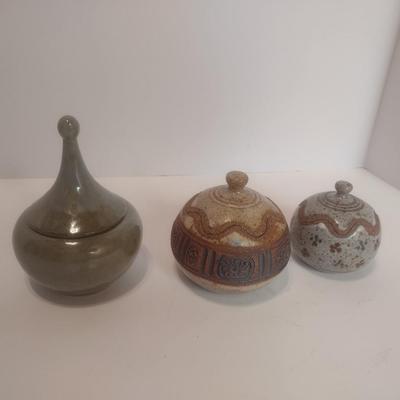 Set of Three Studio Art Pottery Covered Dishes Signed by Artist