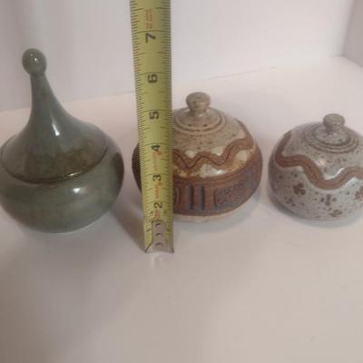 Set of Three Studio Art Pottery Covered Dishes Signed by Artist