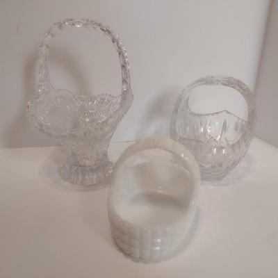 Set of Three Centerpiece Baskets Two Crystal and One Milk Glass